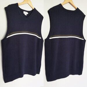 J. Crew Men's L Sweater Vest Navy‎ Blue Olive Ivory Stripe 100% Cotton Preppy